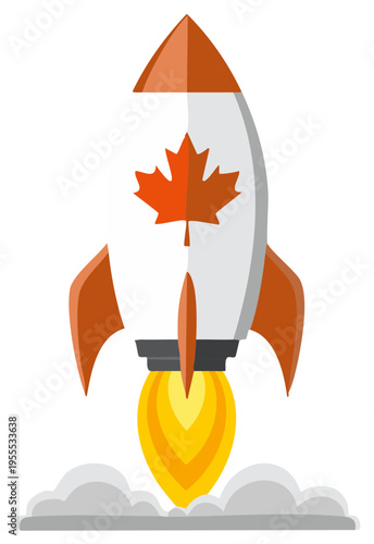 Stylized Rocket Launching Upwards with Flame Clouds and a National Maple Leaf Emblem Depicted