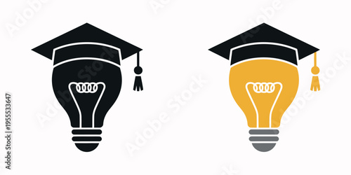 Academic cap and light bulb vector icons set illustrating education, knowledge, learning, idea generation, and innovation concept, clean vector design