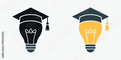 Academic cap and light bulb vector icons set illustrating education, knowledge, learning, idea generation, and innovation concept, clean vector design