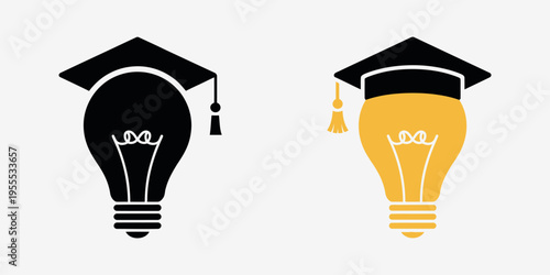 Square academic cap and light bulb icon set representing education, learning, innovation, ideas, knowledge, and academic concept, vector illustration