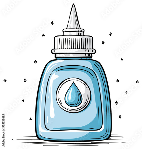 Cartoon illustration of a container with liquid drops, eye drops, medicine, healthcare product, medication for relief. Packaging, isolated drawing.