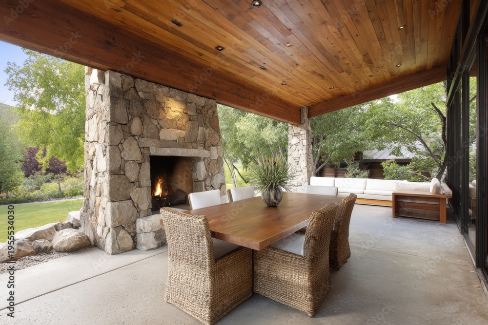 Fototapeta premium Covered outdoor dining space with stone fireplace wicker chairs wooden table and cushioned sofa facing landscaped lawn and trees under cedar ceiling
