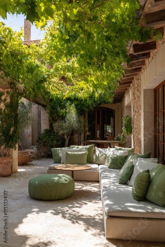 Shaded patio lounge vines green cushions stone terrace rustic pergola mediterranean courtyard outdoor seating serene retreat midday light