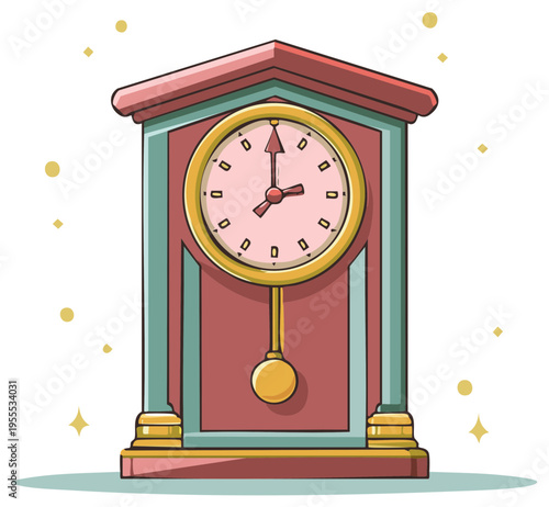 Cartoon mantel clock with pendulum illustration, time concept, decorative design