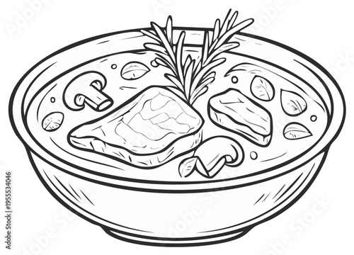 Outline drawing of hearty beef stew with mushrooms and rosemary in a bowl
