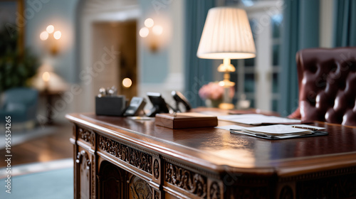 Close-up front view of the iconic Resolute Desk in the White House Oval Office, shot at eye level, 35mm cinematic photography. The desk fills most of the frame, showcasing rich mah