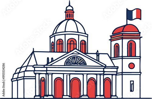 A vector illustration of the St Louis Cathedral featuring historic architecture with ancient stone towers and a cross atop the dome against a city sky representing faith and culture