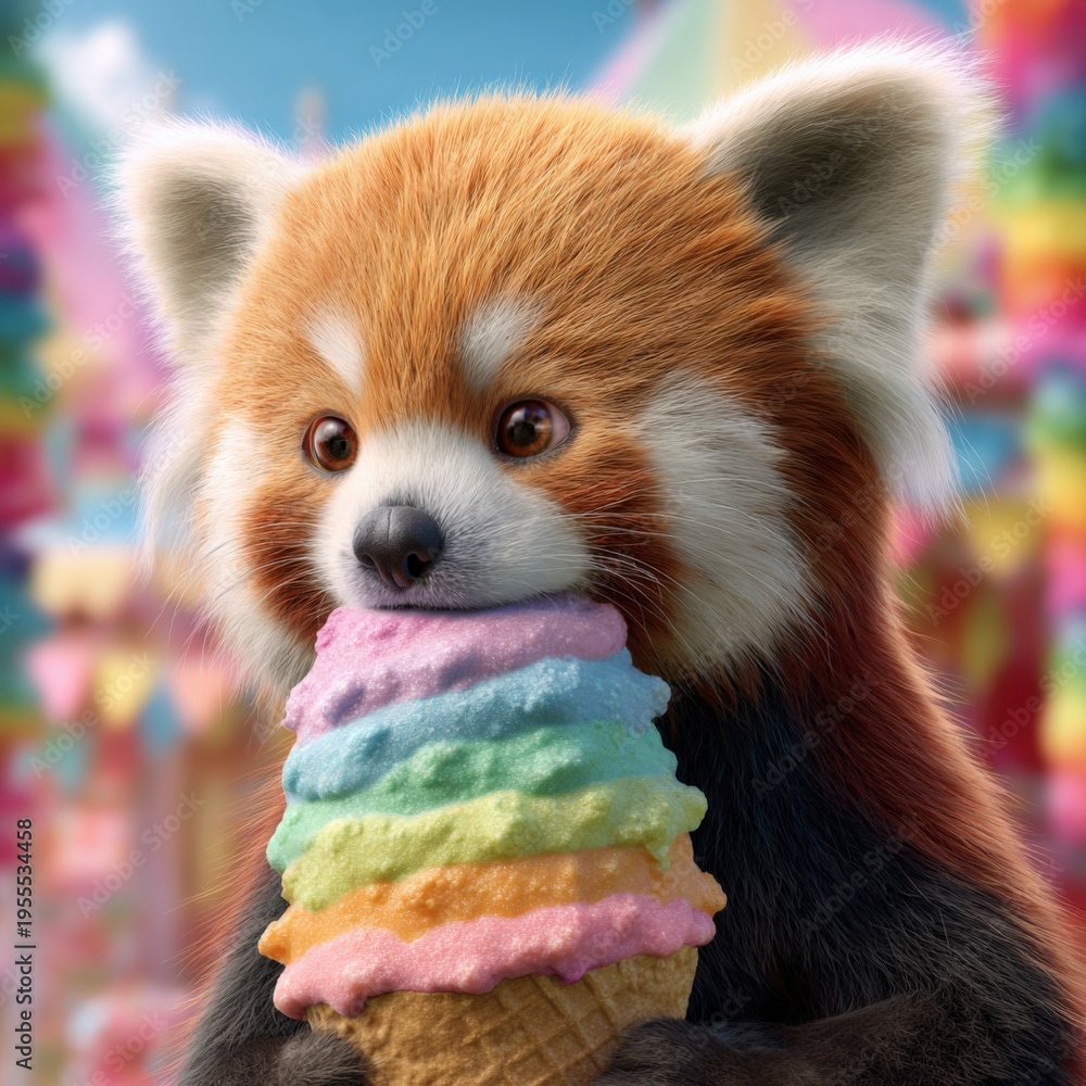 Obraz premium Red panda nibbling pastel layered ice cream cone in lively carnival setting close up adorable expression and detailed fur