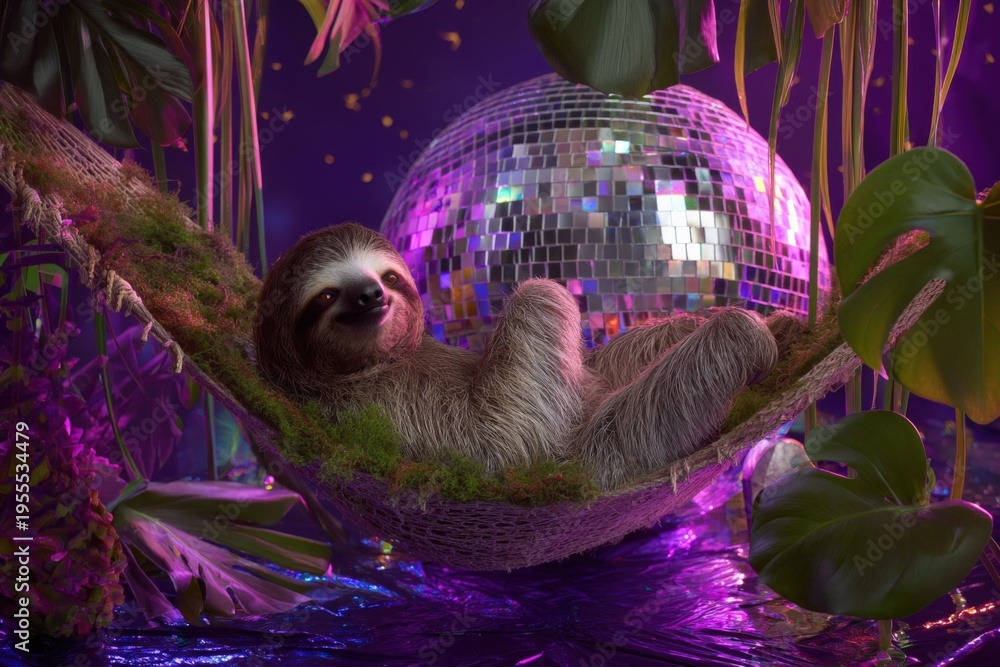 Fototapeta premium Sloth on moss hammock with large disco ball in neon tropical night dreamy serene cozy whimsical
