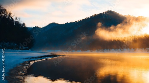 Golden sunrise casts warm glow over tranquil lake and misty mountains under a soft blue sky