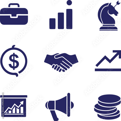 Business finance and marketing icons with briefcase chart horse head money handshake graph