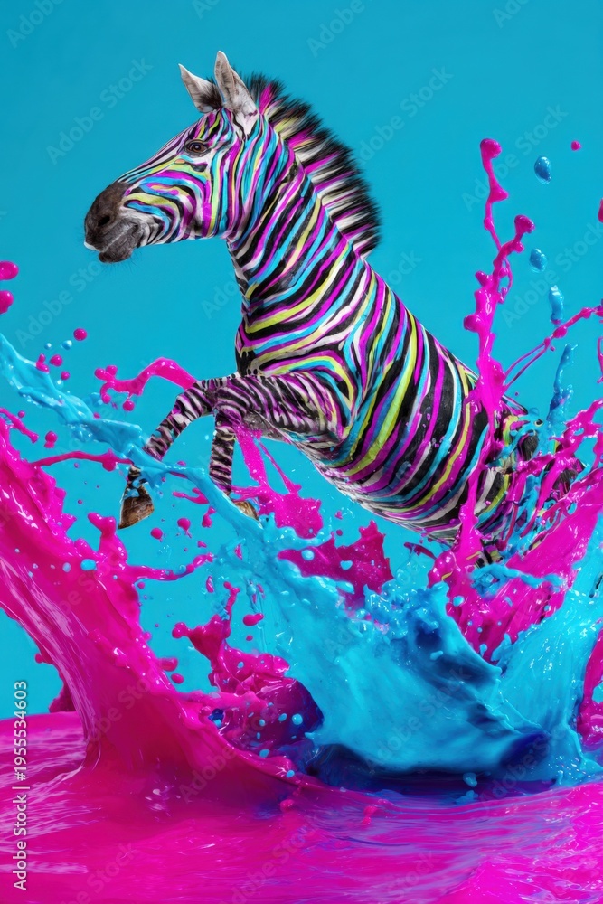 Naklejka premium Zebra leaping through cyan magenta paint splash with multicolored painted stripes neon highlights surreal dynamic motion and playful liquid burst