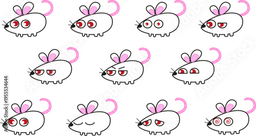 Collection of adorable white cartoon mice characters displaying various cheerful and expressive facial expressions. Perfect for crafting customized emojis, social media stickers, and character-driven 