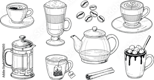 Hand Drawn Hot Drinks Collection with Coffee Cup Latte Cappuccino Tea Pot French Press Hot Chocolate Vector Illustration