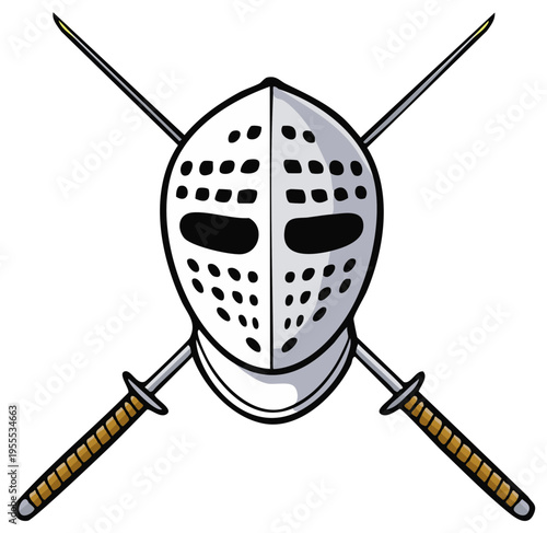 Medieval Fencing Helmet and Crossed Swords. Knightly Sport Armor and Swords Illustration