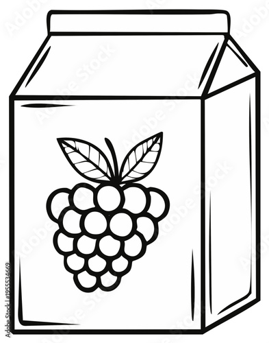 Cartoon illustration of a juice box with a grape illustration.