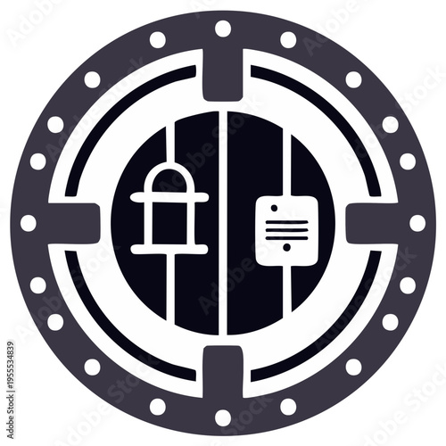 Circular industrial emblem with abstract geometric elements and internal division