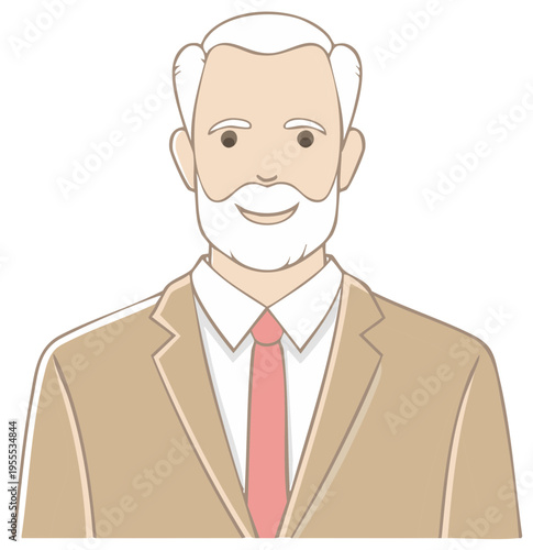 Confident mature man in tan suit with red tie smiling positively in cartoon style portrait for business needs