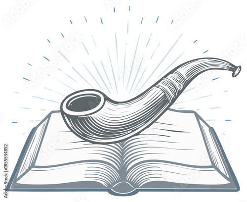 Vintage smoking pipe resting on an open book symbolizing knowledge and tradition