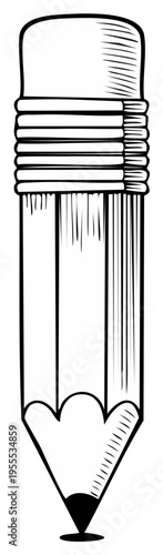 Illustration of a graphite writing pencil with eraser top in outline, vector drawing