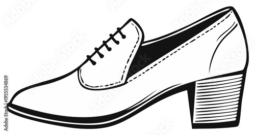 Elegant Black and White Vector Illustration of a Classic Women's Loafer Shoe with a Chunky Heel