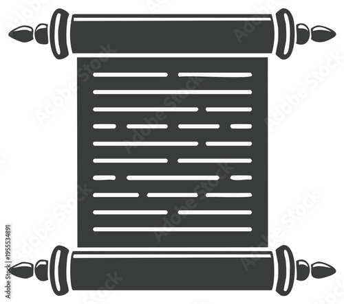 Ancient scroll illustration with text, manuscript symbol, drawing in black and white
