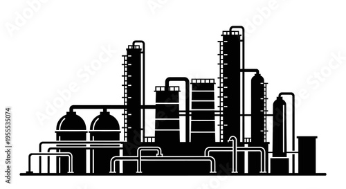 Industrial Oil Refinery and Chemical Plant Silhouette Vector Icon - Factory Infrastructure for Energy, Fuel, and Production