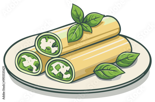 Illustration of Italian Cannoli Pasta with Fresh Basil on a Plate