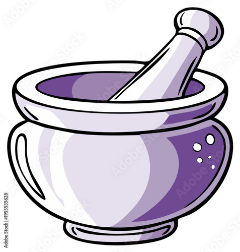 Traditional mortar and pestle cartoon illustration in purple and white for grinding herbs or spices