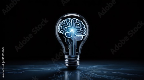 A glowing light bulb containing a digital circuit board shaped like a human brain on black background