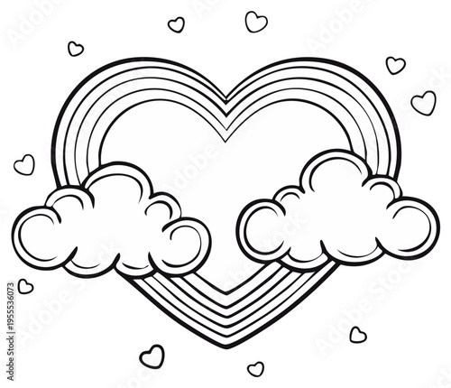 Heart-shaped rainbow and clouds with small hearts, line art illustration