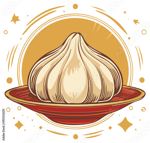 Illustrated garlic bulb on a red plate with golden accent decoration