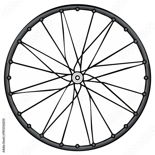 Illustration of bicycle wheel with spokes rim hub and tire components in gray black and white colors