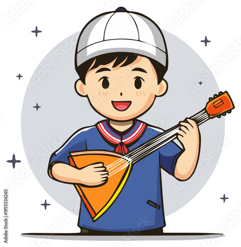 Cheerful cartoon boy plays a stringed instrument wearing a cap, smiling broadly and spreading joy with musical notes