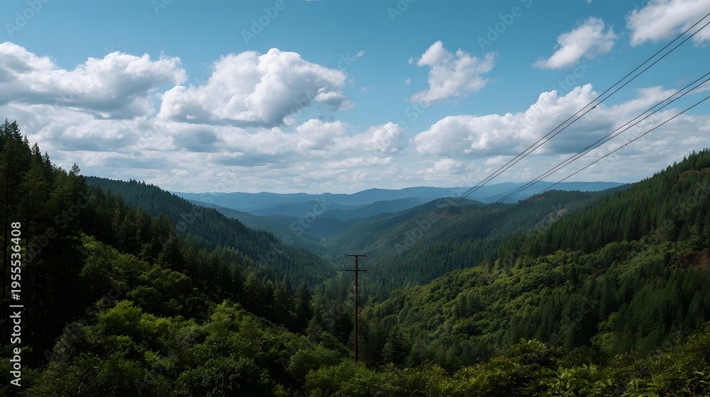 Fototapeta premium Expansive green forested mountain valley under a bright blue sky with puffy clouds with power lines crossing the scenic vista