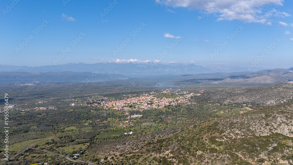 Obraz premium Drone shot of the historic village of Geraki on the slopes of Mount Parnon, Peloponnese
