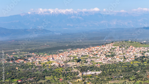 Drone shot of the historic village of Geraki on the slopes of Mount Parnon, Peloponnese