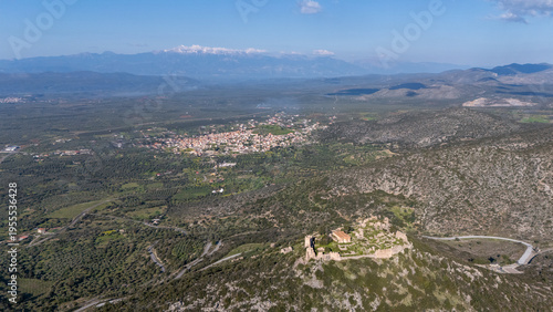 Drone shot of the historic village of Geraki on the slopes of Mount Parnon, Peloponnese