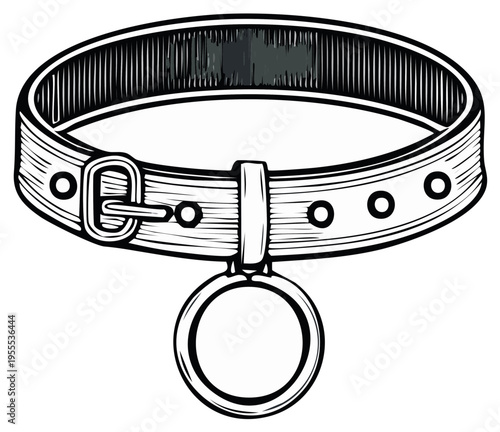 Illustration of a leather pet collar with buckle and blank tag, pet accessory, drawing, animal neckwear