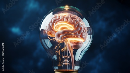 A glowing human brain encased inside a glass light bulb representing innovation and intelligence