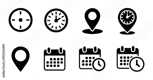 Time, address, and date icon set featuring clock, map pin location, and calendar symbols, modern flat vector illustrations for scheduling, navigation, and digital interface design