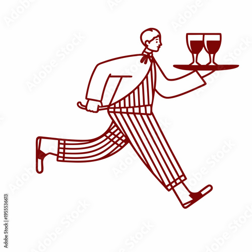 A waiter swiftly carries two glasses of wine on a serving tray