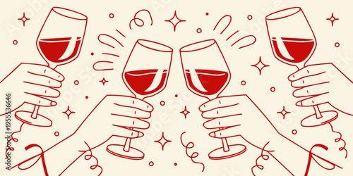 A celebratory toast hands raise wine glasses with sparkling decorations