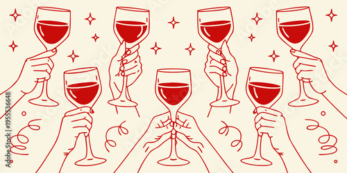 A celebratory illustration of hands raising red wine glasses in a toast
