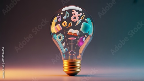 A conceptual light bulb filled with floating creative symbols representing innovation and education