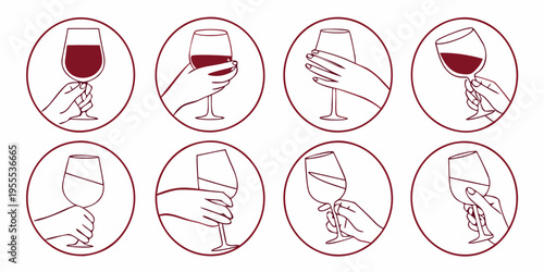 A series of line drawings depicting hands holding wine glasses