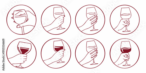 Illustrations of hands holding wine glasses in various positions and gestures