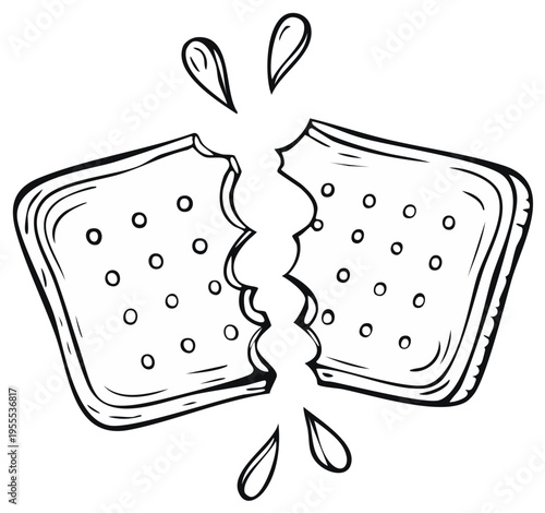 Broken biscuit with liquid splashes, hand-drawn illustration, simple, food concept