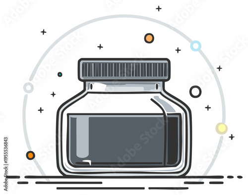 Glass ink bottle with dark liquid and artistic circular design elements