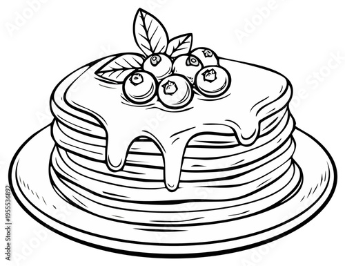 Delicious Stack of Pancakes Topped with Blueberries and Syrup Drizzled, Vector Illustration, Ready to Color